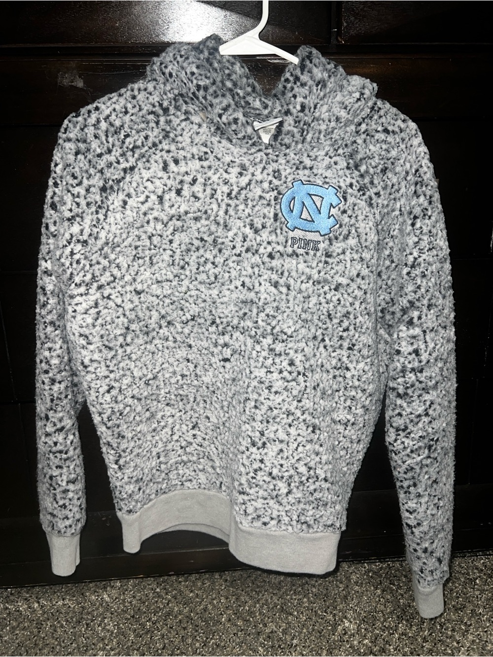 PINK Victoria's Secret Gray Sherpa Hoodie with Light Blue UNC Patch